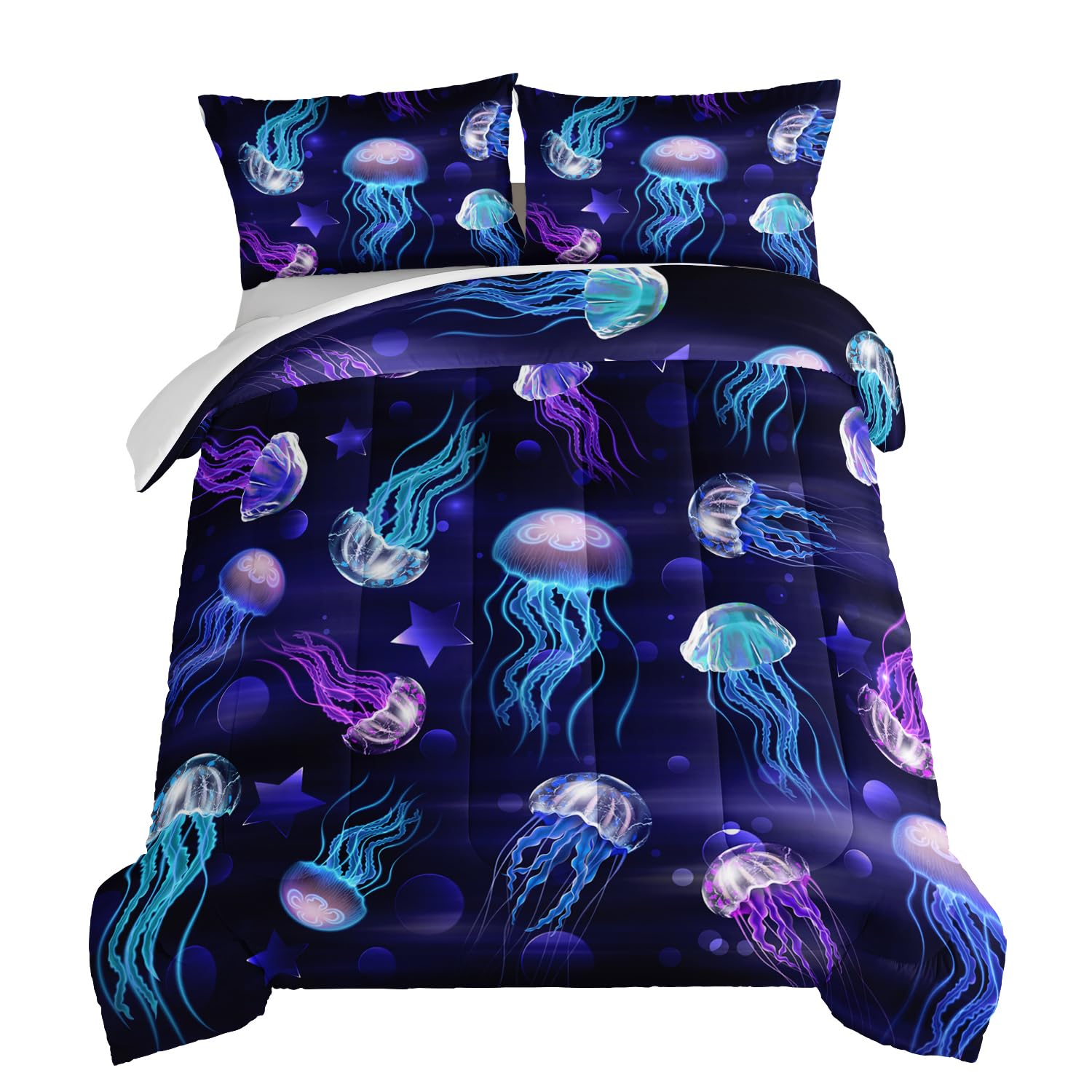 Hosima Fantasy Purple Bedding Comforter Set Twin Size,Beautiful Jellyfish Star Print Beach Bedding Set For Boys Girls Room Decor